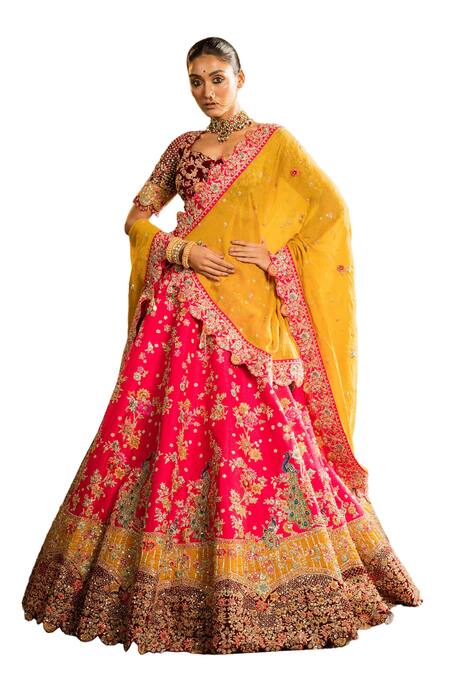 Buy_Pallavi Poddar_Pink Velvet, Tissue, Silk Sequins, Double Mor Embellished Bridal Lehenga Set _Online_at_Aza_Fashions