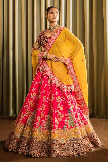 Pallavi Poddar_Pink Velvet, Tissue, Silk Sequins, Double Mor Embellished Bridal Lehenga Set _at_Aza_Fashions