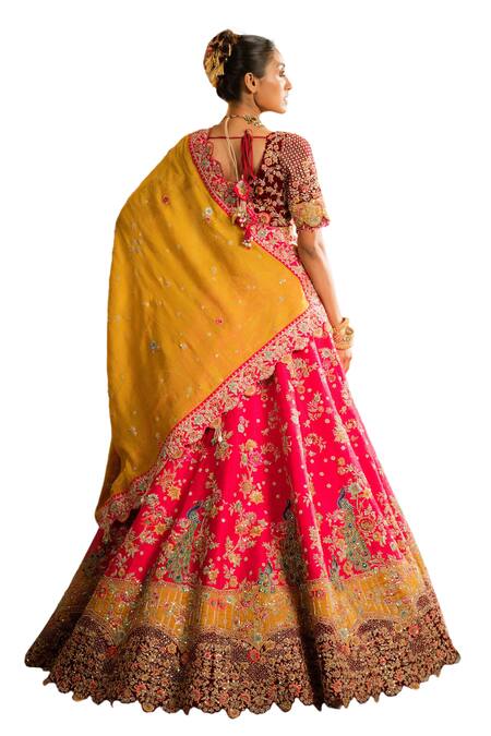 Buy_Pallavi Poddar_Pink Velvet, Tissue, Silk Sequins, Double Mor Embellished Bridal Lehenga Set 