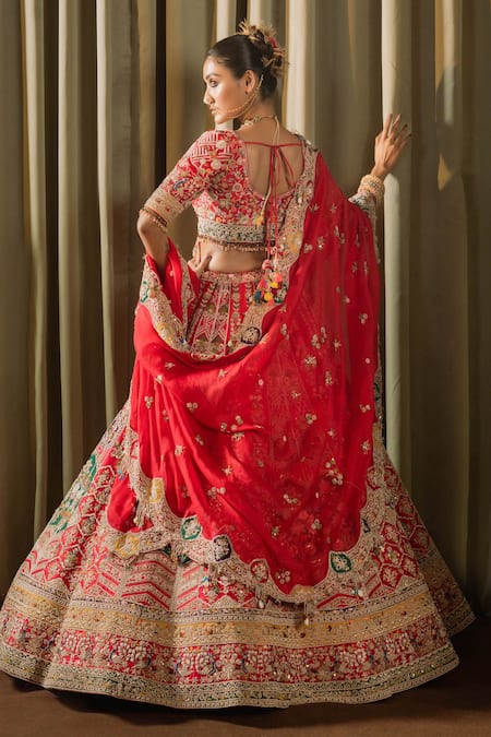 Pallavi Poddar_Red Organza, Silk Sequins, Beads, Eena Floral Geometric Bridal Lehenga Set _Online_at_Aza_Fashions