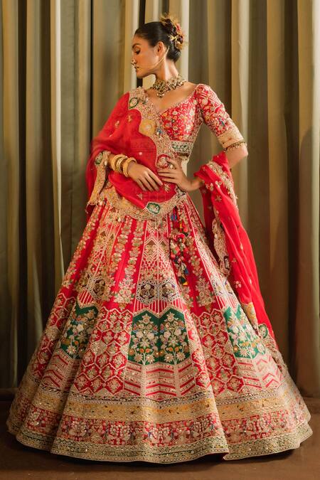 Buy_Pallavi Poddar_Red Organza, Silk Sequins, Beads, Eena Floral Geometric Bridal Lehenga Set _Online_at_Aza_Fashions