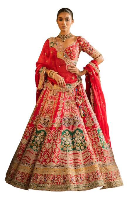 Shop_Pallavi Poddar_Red Organza, Silk Sequins, Beads, Eena Floral Geometric Bridal Lehenga Set _Online_at_Aza_Fashions