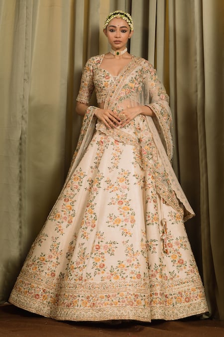Pallavi Poddar Ivory Raw Silk Embroidered Bead Gandharaj Floral Resham Bridal Lehenga Set