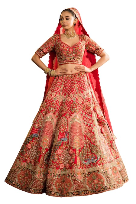 Buy Pallavi Poddar Red Silk, Organza Sequins, Gauhar Peacock Floral Embroidered Bridal Lehenga Set Online at Aza Fashions Buy_Pallavi Poddar_Red Silk, Organza Sequins, Gauhar Peacock Floral Embroidered Bridal Lehenga Set _Online_at_Aza_Fashions