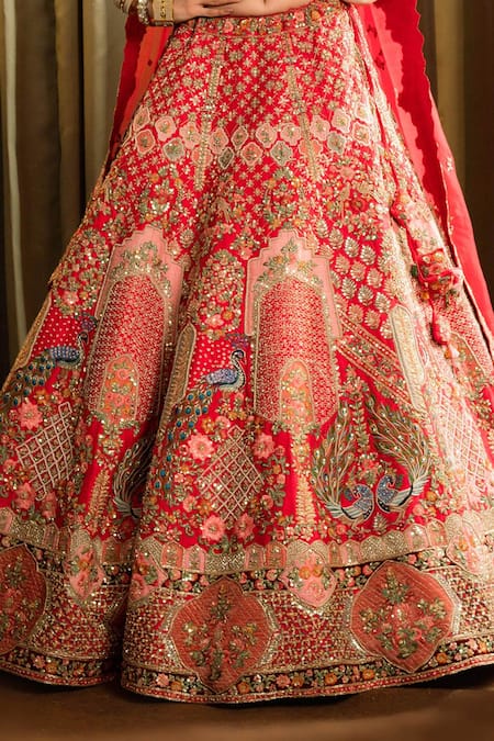 Shop Pallavi Poddar Red Silk, Organza Sequins, Gauhar Peacock Floral Embroidered Bridal Lehenga Set Online at Aza Fashions Shop_Pallavi Poddar_Red Silk, Organza Sequins, Gauhar Peacock Floral Embroidered Bridal Lehenga Set _Online_at_Aza_Fashions