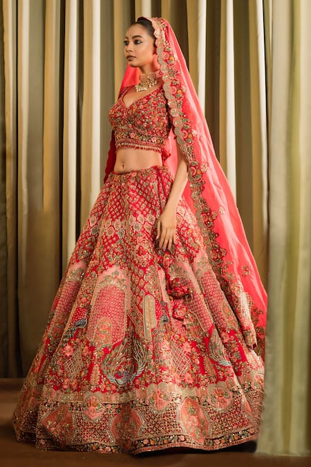 Pallavi Poddar Red Silk, Organza Sequins, Gauhar Peacock Floral Embroidered Bridal Lehenga Set at Aza Fashions Pallavi Poddar_Red Silk, Organza Sequins, Gauhar Peacock Floral Embroidered Bridal Lehenga Set _at_Aza_Fashions