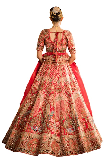 Buy Pallavi Poddar Red Silk, Organza Sequins, Gauhar Peacock Floral Embroidered Bridal Lehenga Set Buy_Pallavi Poddar_Red Silk, Organza Sequins, Gauhar Peacock Floral Embroidered Bridal Lehenga Set
