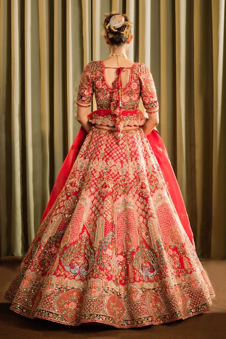 Pallavi Poddar Red Silk, Organza Sequins, Gauhar Peacock Floral Embroidered Bridal Lehenga Set Online at Aza Fashions Pallavi Poddar_Red Silk, Organza Sequins, Gauhar Peacock Floral Embroidered Bridal Lehenga Set _Online_at_Aza_Fashions