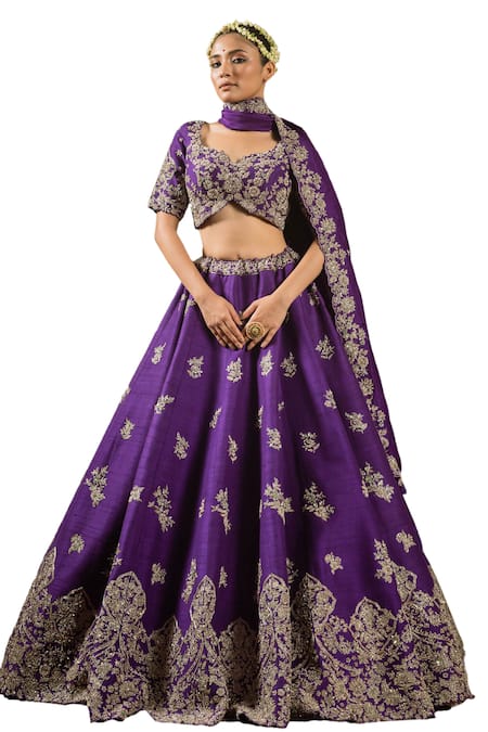 Buy_Pallavi Poddar_Purple Silk Sequins, Zari Sweetheart Neck Geeta Zardozi Embroidered Lehenga Set _Online_at_Aza_Fashions
