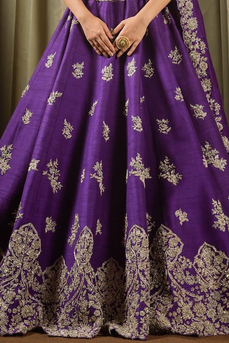 Shop_Pallavi Poddar_Purple Silk Sequins, Zari Sweetheart Neck Geeta Zardozi Embroidered Lehenga Set _Online_at_Aza_Fashions