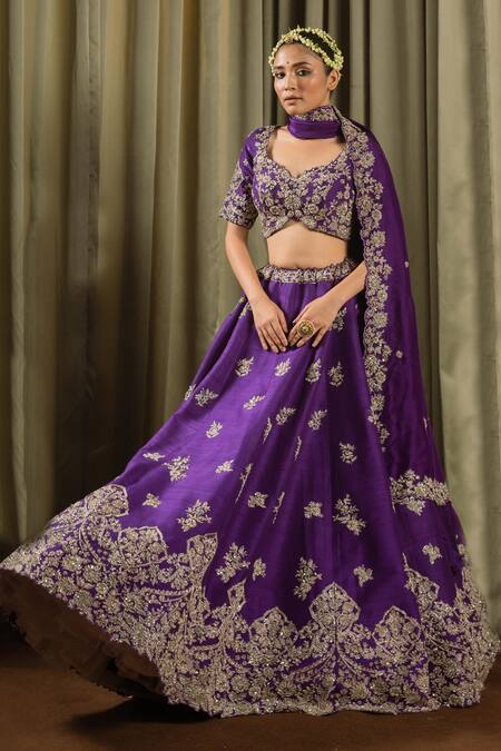 Pallavi Poddar_Purple Silk Sequins, Zari Sweetheart Neck Geeta Zardozi Embroidered Lehenga Set _at_Aza_Fashions