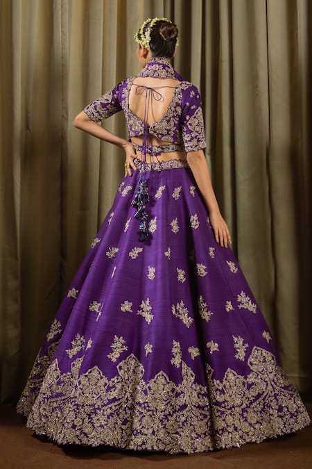 Pallavi Poddar_Purple Silk Sequins, Zari Sweetheart Neck Geeta Zardozi Embroidered Lehenga Set _Online_at_Aza_Fashions