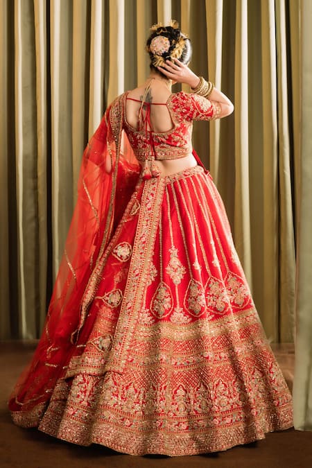 Pallavi Poddar Red Silk, Net Sequins, Beads, Embroidery Jammu Floral Bridal Lehenga Set Online at Aza Fashions Pallavi Poddar_Red Silk, Net Sequins, Beads, Embroidery Jammu Floral Bridal Lehenga Set _Online_at_Aza_Fashions