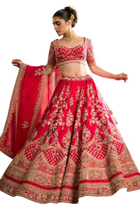 Buy Pallavi Poddar Red Organza, Silk Beads, Mor Bell Aari Embroidered Peacock Bridal Lehenga Set Online at Aza Fashions Buy_Pallavi Poddar_Red Organza, Silk Beads, Mor Bell Aari Embroidered Peacock Bridal Lehenga Set _Online_at_Aza_Fashions