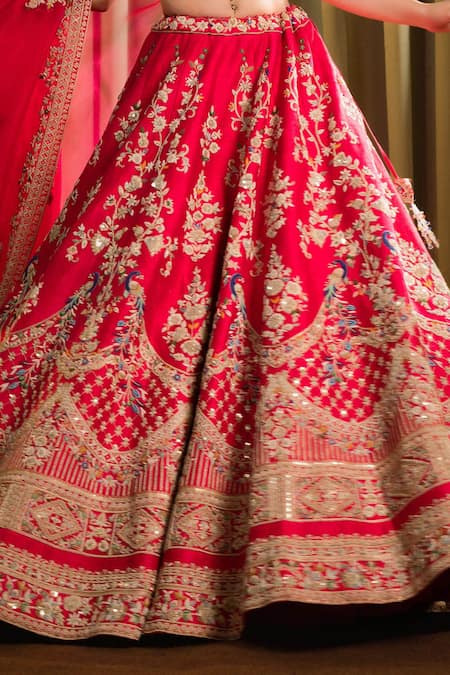 Shop Pallavi Poddar Red Organza, Silk Beads, Mor Bell Aari Embroidered Peacock Bridal Lehenga Set Online at Aza Fashions Shop_Pallavi Poddar_Red Organza, Silk Beads, Mor Bell Aari Embroidered Peacock Bridal Lehenga Set _Online_at_Aza_Fashions