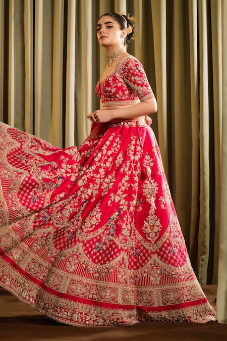 Pallavi Poddar Red Organza, Silk Beads, Mor Bell Aari Embroidered Peacock Bridal Lehenga Set at Aza Fashions Pallavi Poddar_Red Organza, Silk Beads, Mor Bell Aari Embroidered Peacock Bridal Lehenga Set _at_Aza_Fashions