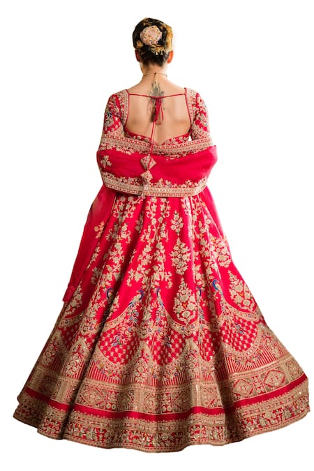 Buy Pallavi Poddar Red Organza, Silk Beads, Mor Bell Aari Embroidered Peacock Bridal Lehenga Set Buy_Pallavi Poddar_Red Organza, Silk Beads, Mor Bell Aari Embroidered Peacock Bridal Lehenga Set
