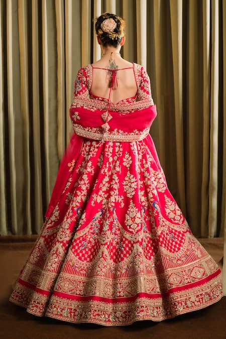 Pallavi Poddar Red Organza, Silk Beads, Mor Bell Aari Embroidered Peacock Bridal Lehenga Set Online at Aza Fashions Pallavi Poddar_Red Organza, Silk Beads, Mor Bell Aari Embroidered Peacock Bridal Lehenga Set _Online_at_Aza_Fashions