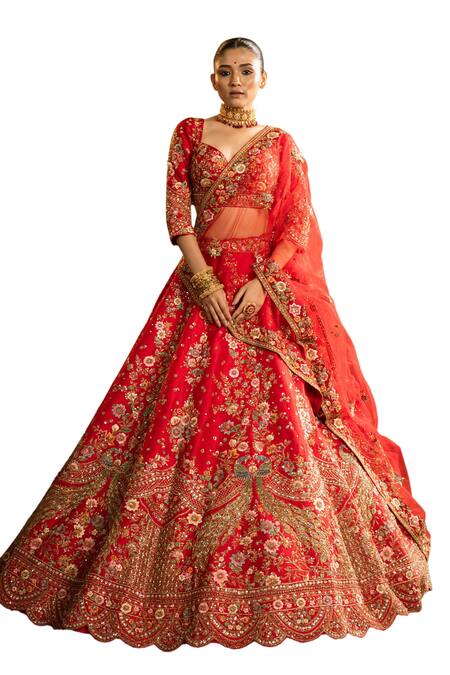 Buy Pallavi Poddar Red Silk, Organza Sequins, Mor Scallop Zardozi Embroidered Bridal Lehenga Set Online at Aza Fashions Buy_Pallavi Poddar_Red Silk, Organza Sequins, Mor Scallop Zardozi Embroidered Bridal Lehenga Set _Online_at_Aza_Fashions