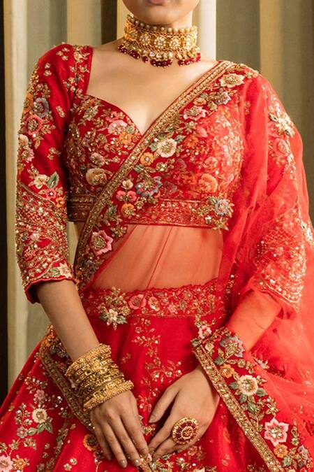 Shop Pallavi Poddar Red Silk, Organza Sequins, Mor Scallop Zardozi Embroidered Bridal Lehenga Set Online at Aza Fashions Shop_Pallavi Poddar_Red Silk, Organza Sequins, Mor Scallop Zardozi Embroidered Bridal Lehenga Set _Online_at_Aza_Fashions