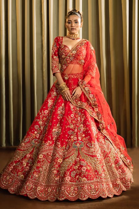 Pallavi Poddar Red Silk, Organza Sequins, Mor Scallop Zardozi Embroidered Bridal Lehenga Set at Aza Fashions Pallavi Poddar_Red Silk, Organza Sequins, Mor Scallop Zardozi Embroidered Bridal Lehenga Set _at_Aza_Fashions