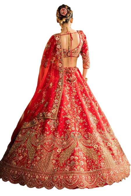 Buy Pallavi Poddar Red Silk, Organza Sequins, Mor Scallop Zardozi Embroidered Bridal Lehenga Set Buy_Pallavi Poddar_Red Silk, Organza Sequins, Mor Scallop Zardozi Embroidered Bridal Lehenga Set