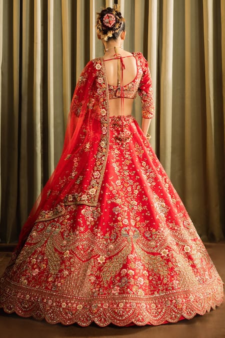 Pallavi Poddar Red Silk, Organza Sequins, Mor Scallop Zardozi Embroidered Bridal Lehenga Set Online at Aza Fashions Pallavi Poddar_Red Silk, Organza Sequins, Mor Scallop Zardozi Embroidered Bridal Lehenga Set _Online_at_Aza_Fashions