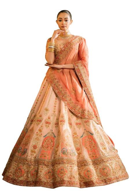 Buy Pallavi Poddar Peach Silk, Tissue Sequins, Mor Tirupathi Zardozi Embroidered Bridal Lehenga Set Online at Aza Fashions Buy_Pallavi Poddar_Peach Silk, Tissue Sequins, Mor Tirupathi Zardozi Embroidered Bridal Lehenga Set _Online_at_Aza_Fashions