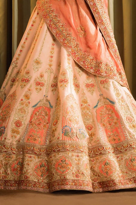 Shop Pallavi Poddar Peach Silk, Tissue Sequins, Mor Tirupathi Zardozi Embroidered Bridal Lehenga Set Online at Aza Fashions Shop_Pallavi Poddar_Peach Silk, Tissue Sequins, Mor Tirupathi Zardozi Embroidered Bridal Lehenga Set _Online_at_Aza_Fashions