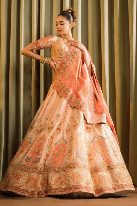 Pallavi Poddar Peach Silk, Tissue Sequins, Mor Tirupathi Zardozi Embroidered Bridal Lehenga Set at Aza Fashions Pallavi Poddar_Peach Silk, Tissue Sequins, Mor Tirupathi Zardozi Embroidered Bridal Lehenga Set _at_Aza_Fashions