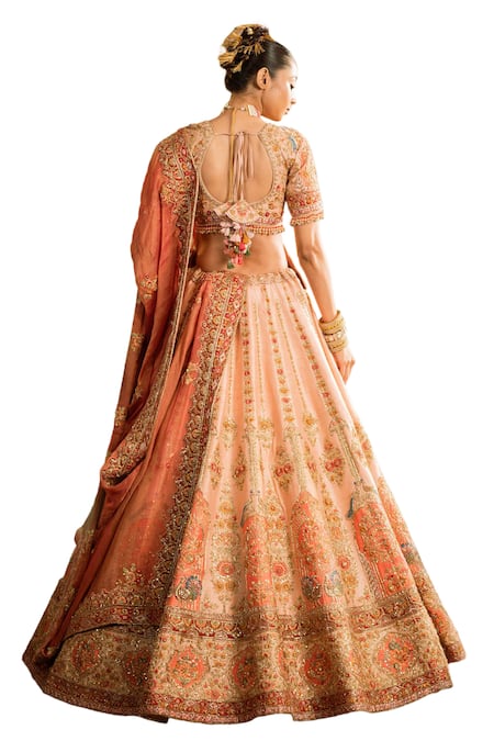 Buy Pallavi Poddar Peach Silk, Tissue Sequins, Mor Tirupathi Zardozi Embroidered Bridal Lehenga Set Buy_Pallavi Poddar_Peach Silk, Tissue Sequins, Mor Tirupathi Zardozi Embroidered Bridal Lehenga Set