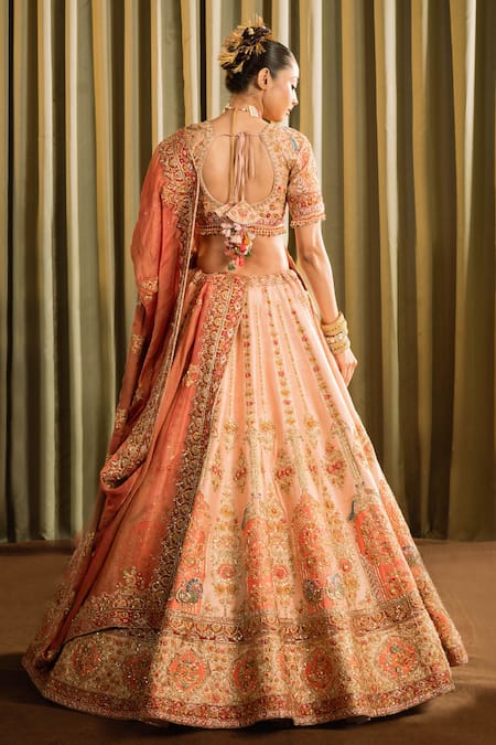 Pallavi Poddar Peach Silk, Tissue Sequins, Mor Tirupathi Zardozi Embroidered Bridal Lehenga Set Online at Aza Fashions Pallavi Poddar_Peach Silk, Tissue Sequins, Mor Tirupathi Zardozi Embroidered Bridal Lehenga Set _Online_at_Aza_Fashions