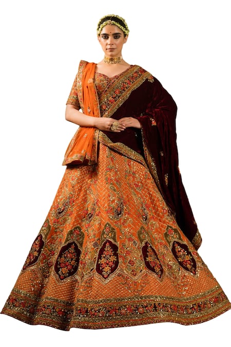 Buy_Pallavi Poddar_Orange Velvet, Silk, Net Pashmina Paisley Embellished Bridal Lehenga Set _Online_at_Aza_Fashions