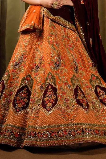 Shop_Pallavi Poddar_Orange Velvet, Silk, Net Pashmina Paisley Embellished Bridal Lehenga Set _Online_at_Aza_Fashions