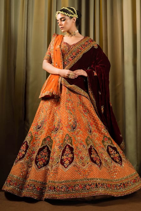 Pallavi Poddar_Orange Velvet, Silk, Net Pashmina Paisley Embellished Bridal Lehenga Set _at_Aza_Fashions