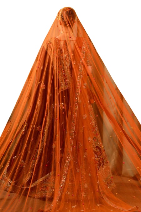 Buy_Pallavi Poddar_Orange Velvet, Silk, Net Pashmina Paisley Embellished Bridal Lehenga Set 