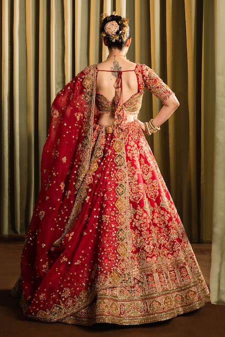 Pallavi Poddar Red Silk, Organza Sequins, Pushpa Floral Blossom Embroidered Bridal Lehenga Set Online at Aza Fashions Pallavi Poddar_Red Silk, Organza Sequins, Pushpa Floral Blossom Embroidered Bridal Lehenga Set _Online_at_Aza_Fashions