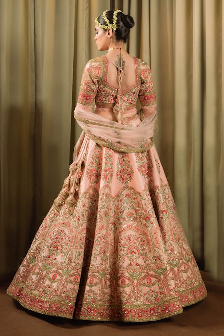 Shop_Pallavi Poddar_Pink Silk, Net Beads, Sequins, Rohini Floral Thread Bridal Lehenga Set _at_Aza_Fashions