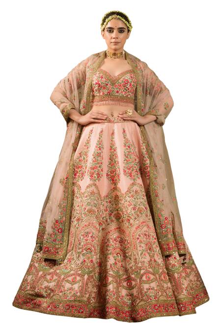Pallavi Poddar_Pink Silk, Net Beads, Sequins, Rohini Floral Thread Bridal Lehenga Set _Online_at_Aza_Fashions