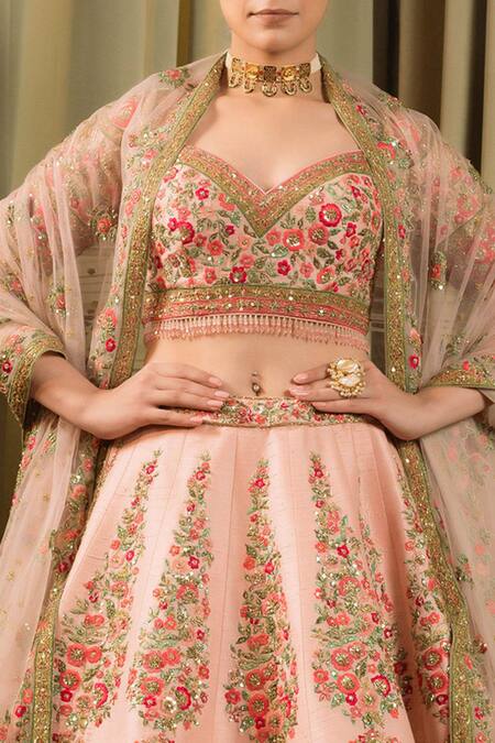 Shop_Pallavi Poddar_Pink Silk, Net Beads, Sequins, Rohini Floral Thread Bridal Lehenga Set _Online_at_Aza_Fashions