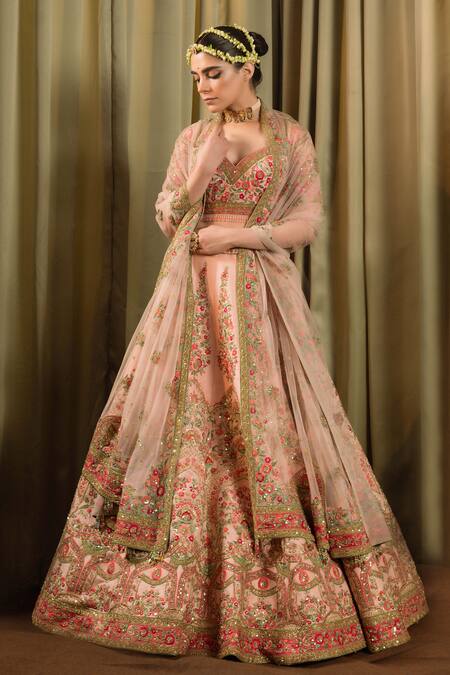 Pallavi Poddar_Pink Silk, Net Beads, Sequins, Rohini Floral Thread Bridal Lehenga Set _at_Aza_Fashions