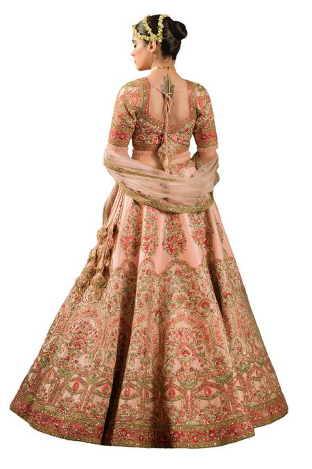 Buy_Pallavi Poddar_Pink Silk, Net Beads, Sequins, Rohini Floral Thread Bridal Lehenga Set 