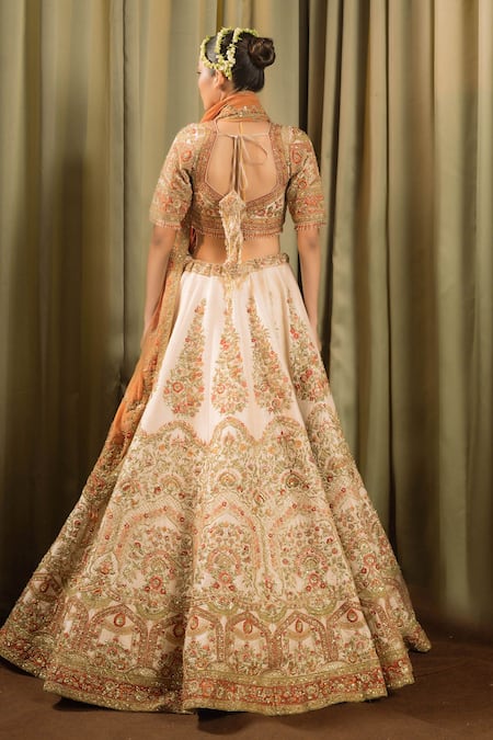 Pallavi Poddar_Ivory Silk, Tissue Sequins, Rohini Thread Embroidered Floral Bridal Lehenga Set _Online_at_Aza_Fashions