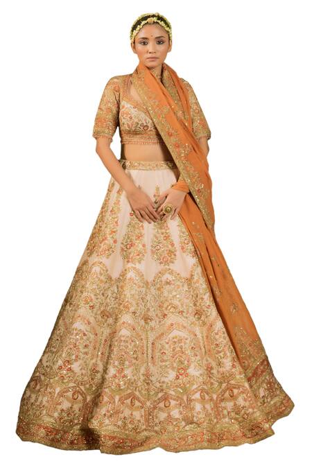 Buy_Pallavi Poddar_Ivory Silk, Tissue Sequins, Rohini Thread Embroidered Floral Bridal Lehenga Set _Online_at_Aza_Fashions