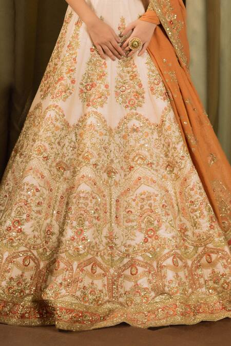 Shop_Pallavi Poddar_Ivory Silk, Tissue Sequins, Rohini Thread Embroidered Floral Bridal Lehenga Set _Online_at_Aza_Fashions