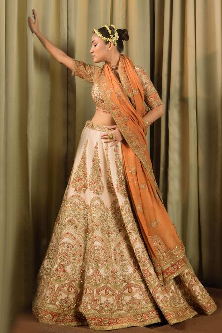 Pallavi Poddar_Ivory Silk, Tissue Sequins, Rohini Thread Embroidered Floral Bridal Lehenga Set _at_Aza_Fashions