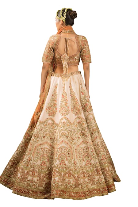 Buy_Pallavi Poddar_Ivory Silk, Tissue Sequins, Rohini Thread Embroidered Floral Bridal Lehenga Set 