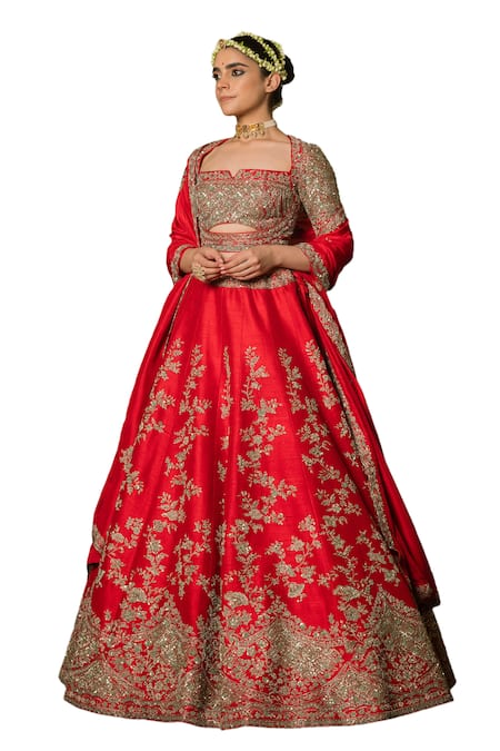 Pallavi Poddar Red Silk Zari, Sequins Seeta Floral Zardozi Embroidered Bridal Lehenga Online at Aza Fashions Pallavi Poddar_Red Silk Zari, Sequins Seeta Floral Zardozi Embroidered Bridal Lehenga _Online_at_Aza_Fashions