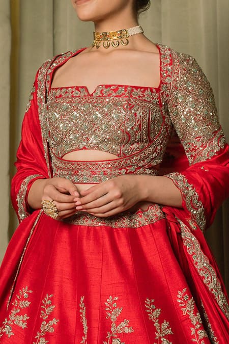 Shop Pallavi Poddar Red Silk Zari, Sequins Seeta Floral Zardozi Embroidered Bridal Lehenga Online at Aza Fashions Shop_Pallavi Poddar_Red Silk Zari, Sequins Seeta Floral Zardozi Embroidered Bridal Lehenga _Online_at_Aza_Fashions