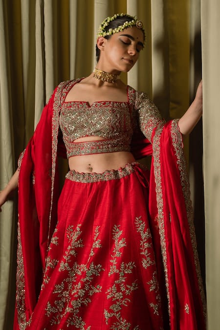 Pallavi Poddar Red Silk Zari, Sequins Seeta Floral Zardozi Embroidered Bridal Lehenga at Aza Fashions Pallavi Poddar_Red Silk Zari, Sequins Seeta Floral Zardozi Embroidered Bridal Lehenga _at_Aza_Fashions